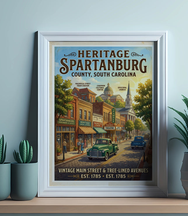 Heritage Spartanburg County South Carolina vintage street scene with buildings and cars