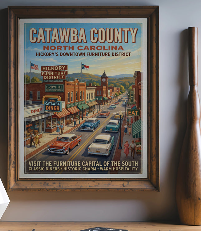 Poster showing downtown Hickory, North Carolina's furniture district and iconic diner.
