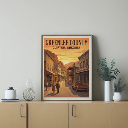 Greenlee County Clifton Arizona vintage poster with couple on street and old Ford truck