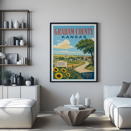 Vintage Graham County, Kansas travel poster with sunflowers and a town scene.