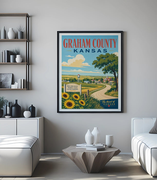Vintage Graham County, Kansas travel poster with sunflowers and a town scene.