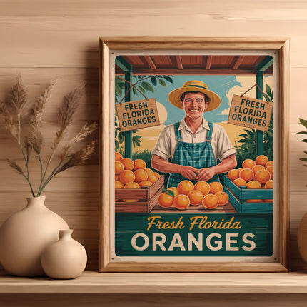 Framed sign with man selling fresh Florida oranges.