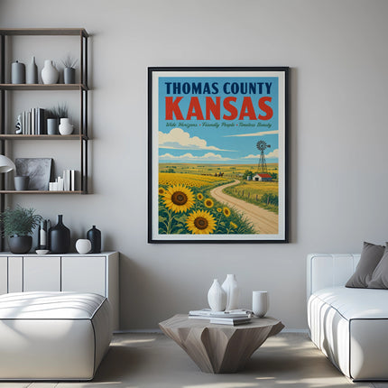 Thomas County Kansas poster with sunflowers, windmill, and text.