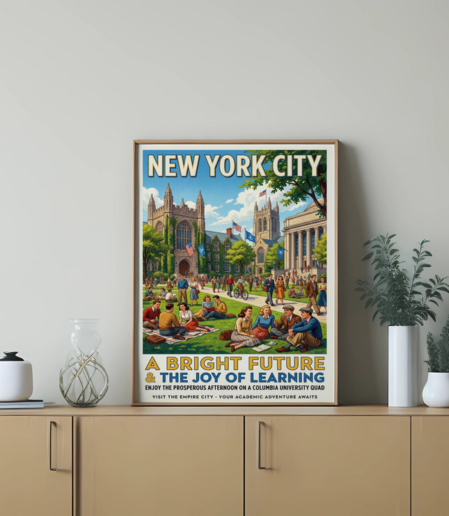 New York City poster with Columbia University quad and students.