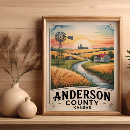 Framed print of Anderson County Kansas with windmill, fields, and houses.