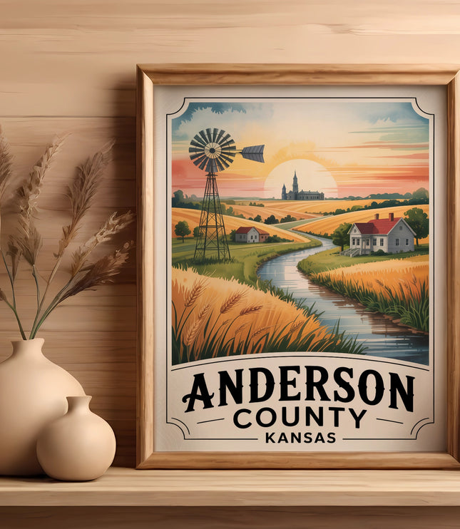 Framed print of Anderson County Kansas with windmill, fields, and houses.