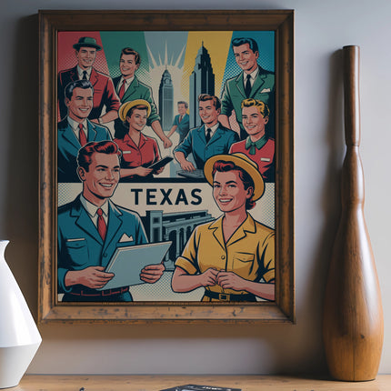 Vintage poster depicting people in formal attire with "Texas" text.
