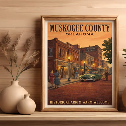 Framed vintage poster of Muskogee County, Oklahoma, featuring a street scene with people and a car.