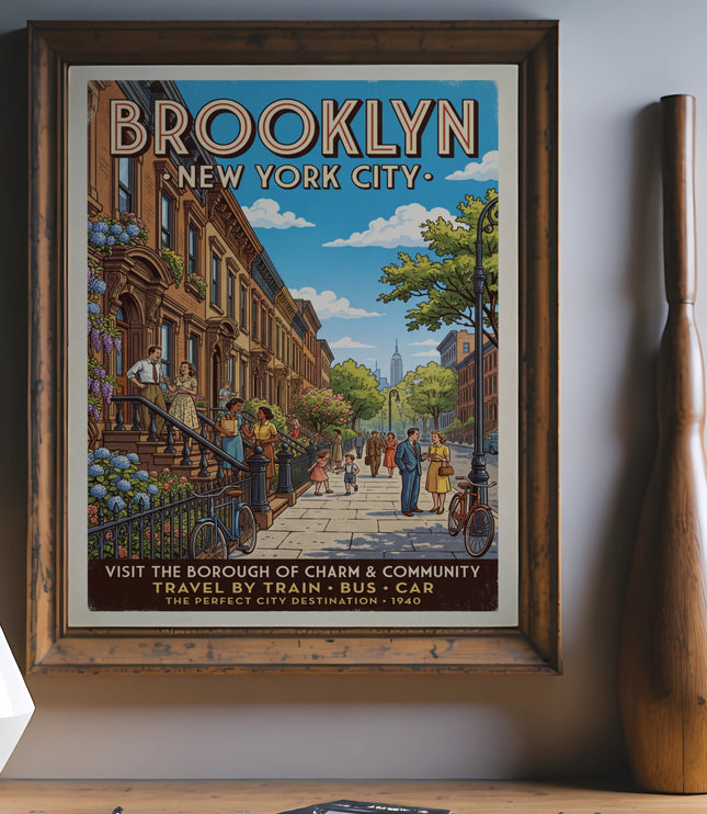 Vintage Brooklyn New York City travel poster with people and buildings.