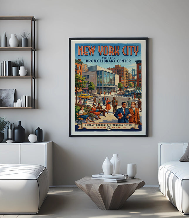 New York City poster featuring the Bronx Library Center with people and city scenes.