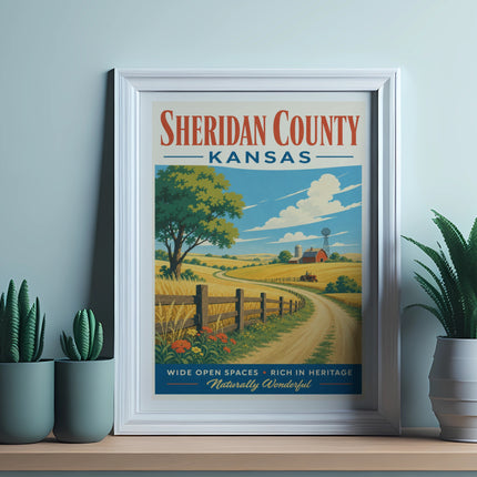 Sheridan County, Kansas vintage poster with farm scene and text "Naturally Wonderful."