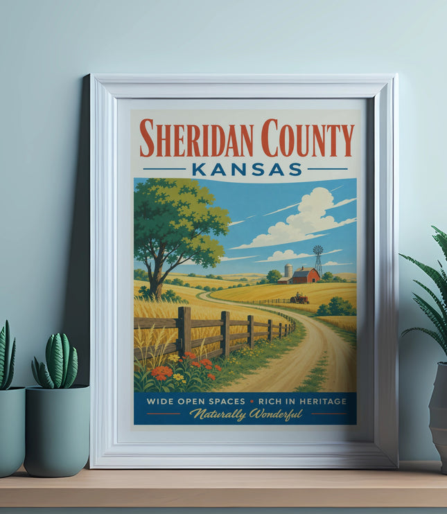 Sheridan County, Kansas vintage poster with farm scene and text "Naturally Wonderful."