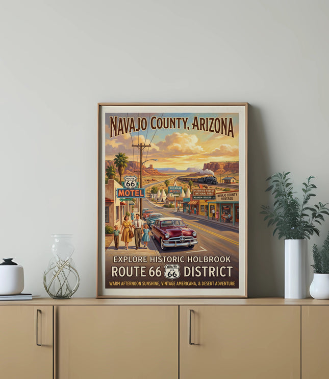 Navajo County Arizona vintage poster with family, car, and Route 66 landmarks.