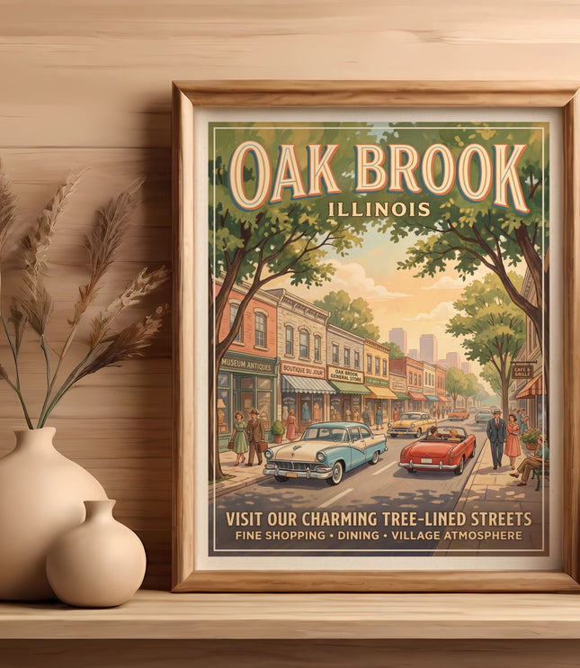 Oak Brook Illinois vintage poster featuring a street scene with classic cars.