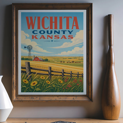 Wichita County Kansas vintage travel poster with farm scene and windmill.
