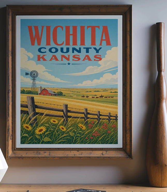 Wichita County Kansas vintage travel poster with farm scene and windmill.