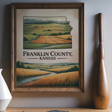 Framed artwork of Franklin County, Kansas landscape with fields and river.