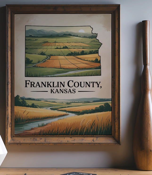 Framed artwork of Franklin County, Kansas landscape with fields and river.