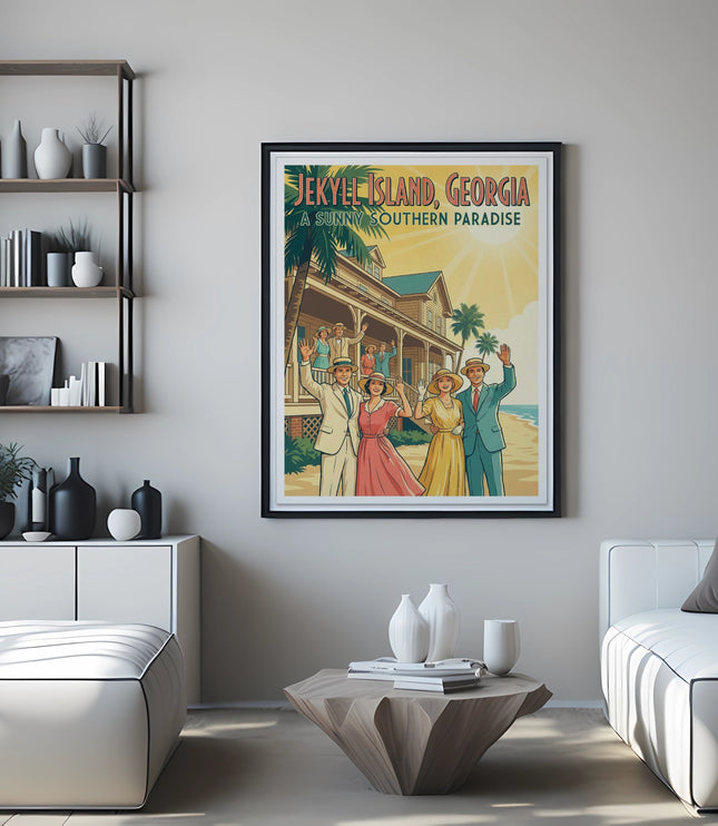 Jekyll Island, Georgia vintage travel poster featuring a beachfront house with people waving.