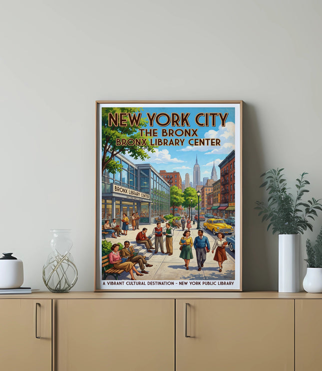 Vintage poster of the Bronx Library Center in New York City with people and a yellow taxi.