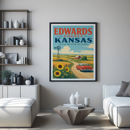 Poster of Edwards County, Kansas, with a vintage car and sunflowers.