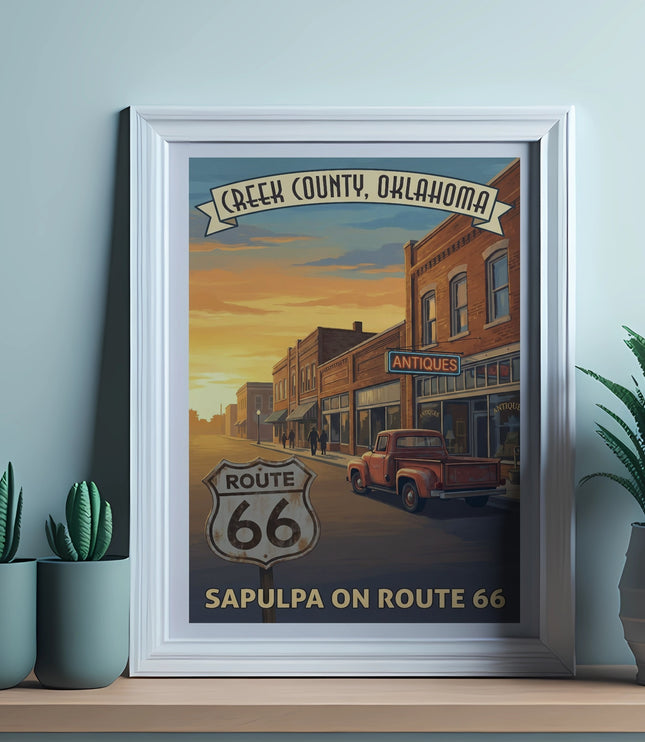 Poster of Creek County, Oklahoma featuring Sapulpa on Route 66 with a red truck.