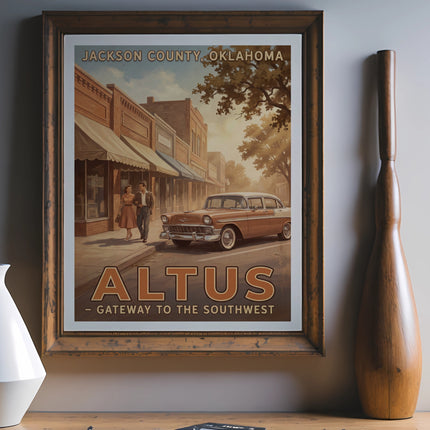 Vintage poster for Altus, Oklahoma, featuring a couple and classic car on a street.