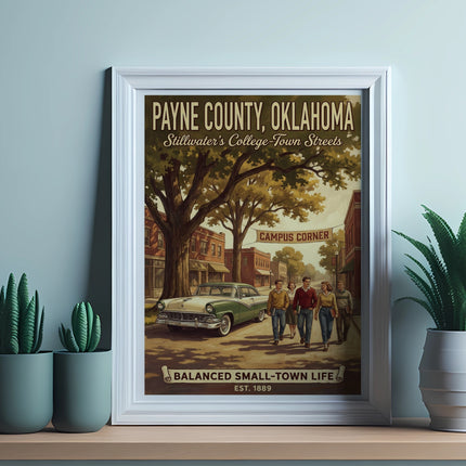Vintage poster of Payne County, Oklahoma, "Campus Corner" and "Balanced Small-Town Life".