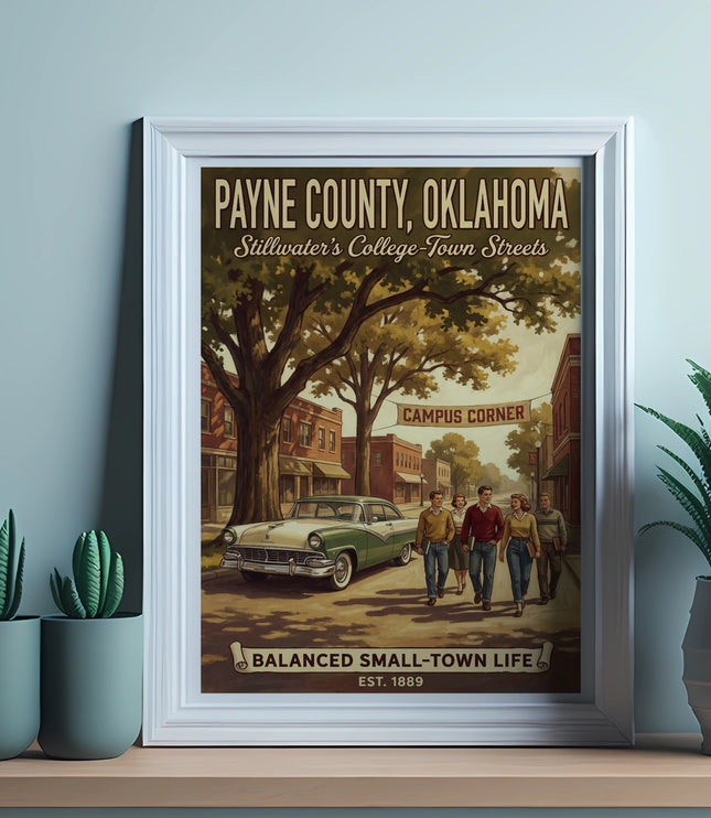 Vintage poster of Payne County, Oklahoma, "Campus Corner" and "Balanced Small-Town Life".
