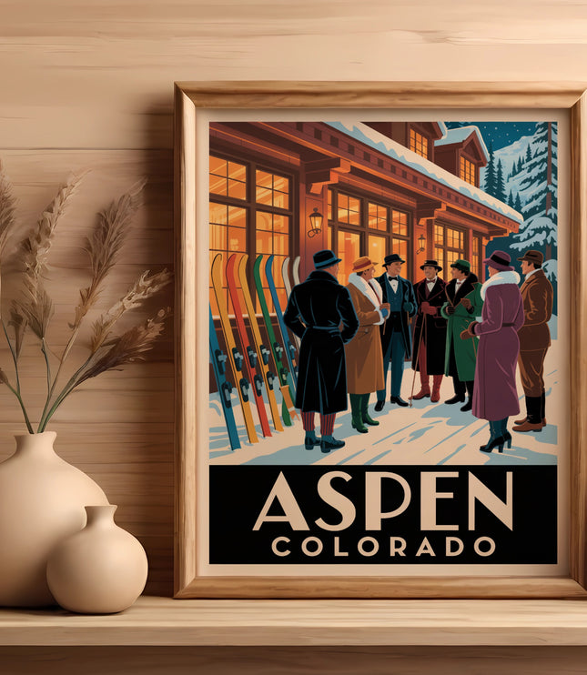 Aspen Colorado vintage ski poster with people and colorful skis.