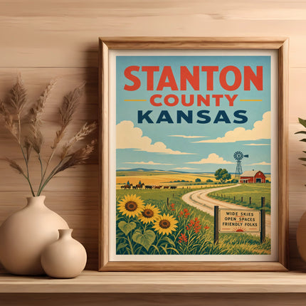 Stanton County Kansas vintage travel poster with sunflowers and farm scene.