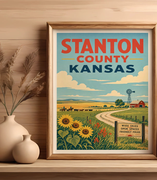 Stanton County Kansas vintage travel poster with sunflowers and farm scene.