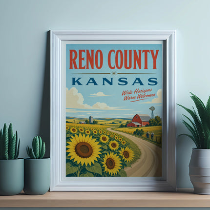 Reno County Kansas vintage travel poster with sunflowers and farm scene.