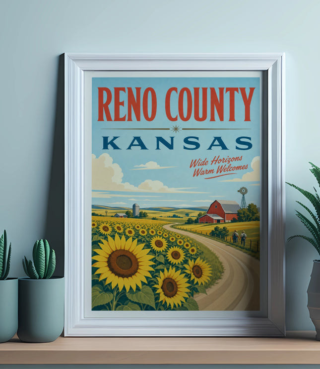Reno County Kansas vintage travel poster with sunflowers and farm scene.