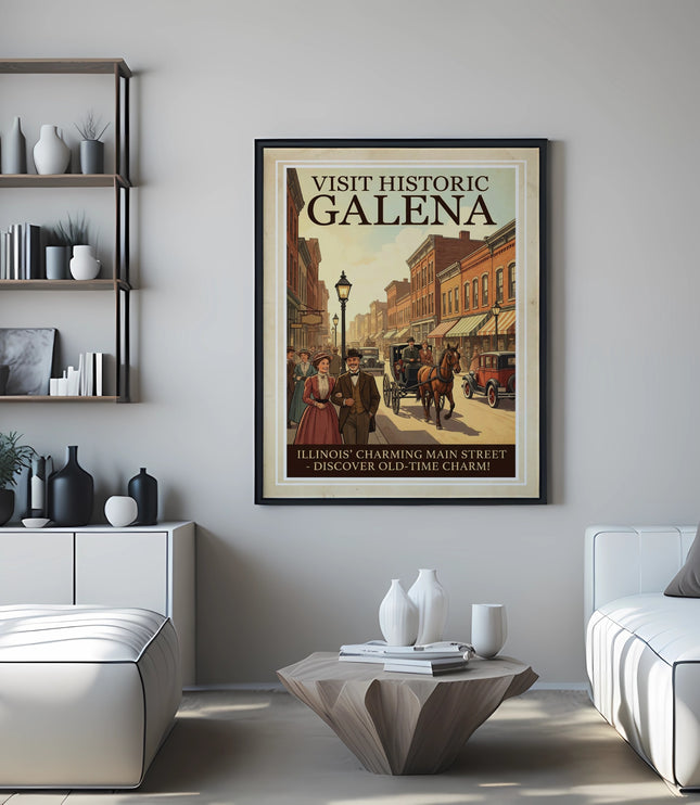 Framed poster of historic Galena street scene with text.