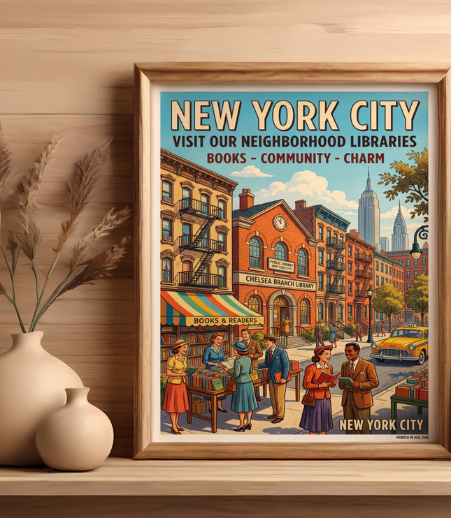 Vintage New York City Libraries poster featuring Chelsea Branch and skyline.