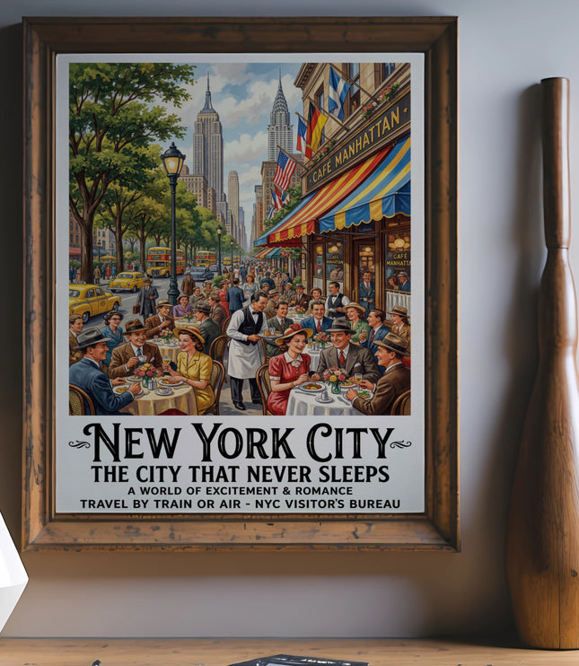 New York City poster "The City That Never Sleeps" featuring Cafe Manhattan and city skyline.