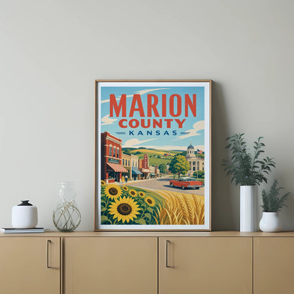 Marion County Kansas poster with sunflowers and vintage town scene.