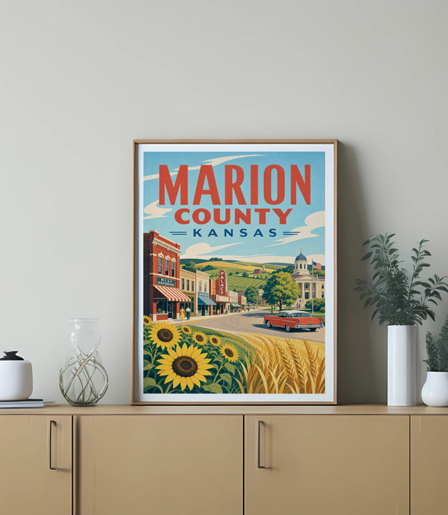 Marion County Kansas poster with sunflowers and vintage town scene.