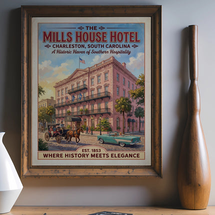 Poster of Mills House Hotel in Charleston, South Carolina with horse carriage and classic car.