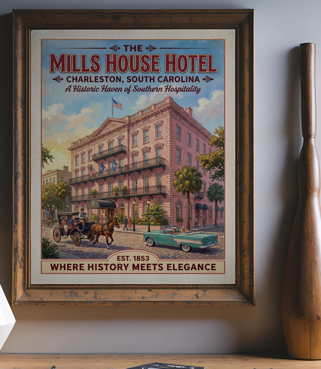 Poster of Mills House Hotel in Charleston, South Carolina with horse carriage and classic car.