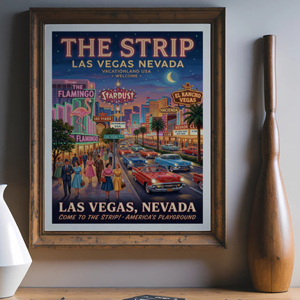 Vintage poster of "The Strip Las Vegas Nevada" with cars and casinos.