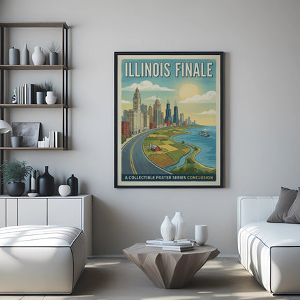 Vintage travel poster of Chicago skyline, part of a collectible series.