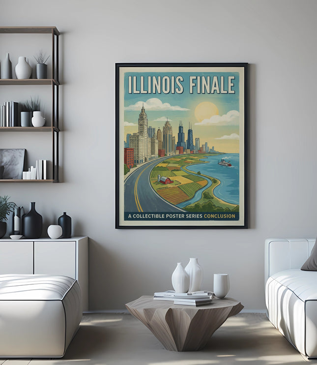 Vintage travel poster of Chicago skyline, part of a collectible series.
