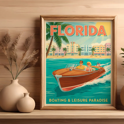 Framed poster of a boat on water with "Florida Boating & Leisure Paradise" text.