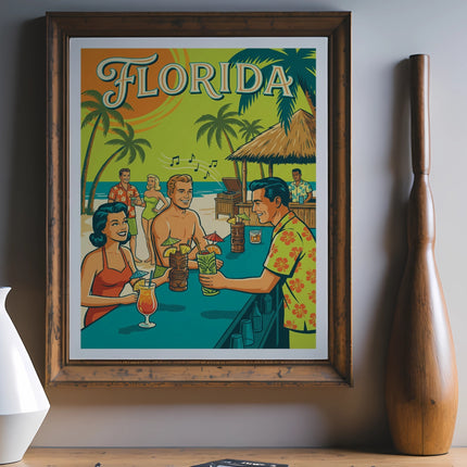 Retro Florida travel poster with people at a beach bar.
