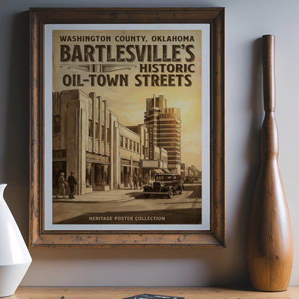 Framed poster of Bartlesville's historic oil-town streets, featuring buildings and vintage cars.