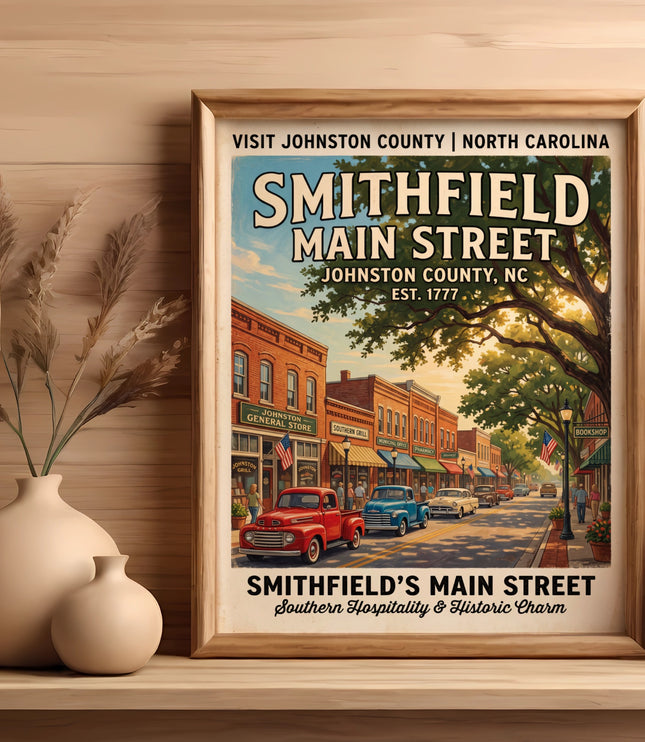 Smithfield Main Street poster shows vintage cars and stores in Johnston County, North Carolina.