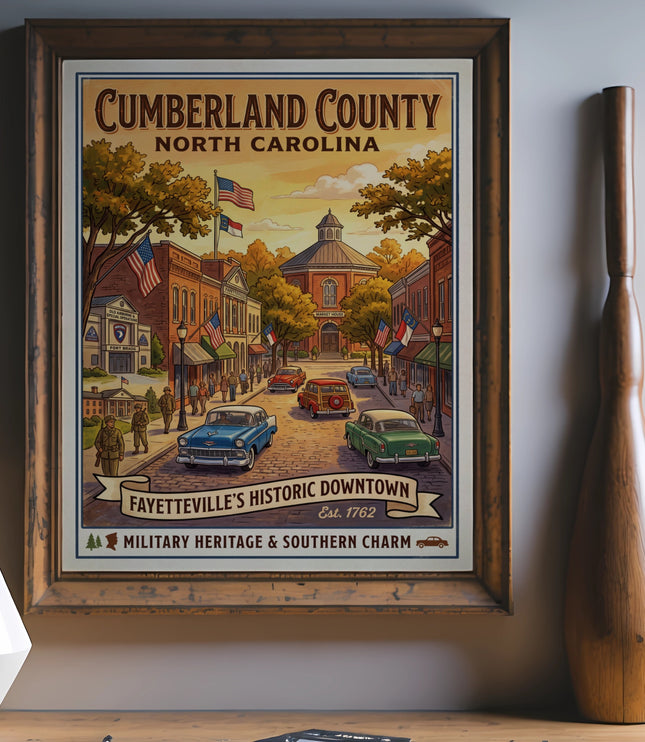 Cumberland County North Carolina illustration with "Fayetteville's Historic Downtown" text.