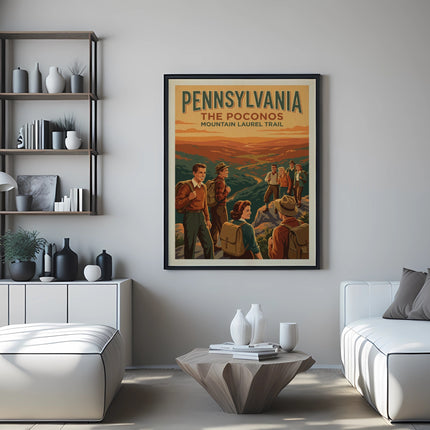 Pennsylvania Poconos Mountain Laurel Trail vintage travel poster with hikers.